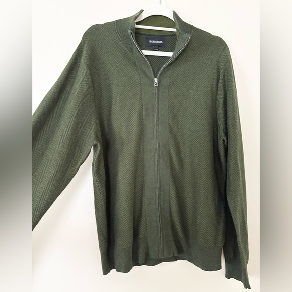 Bonobos Dark Green Herringbone Cotton Cashmere Blend Full Zip Sweater - Picture 9 of 12
